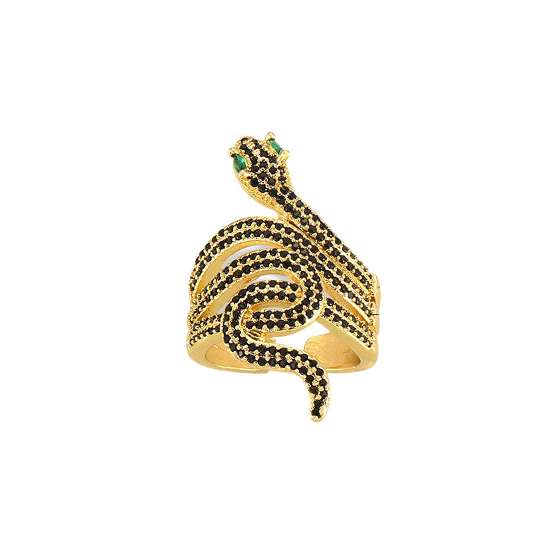 Snake Charm Copper Ring with Colored Zircon - Hip-Hop Style Open Index Finger Design