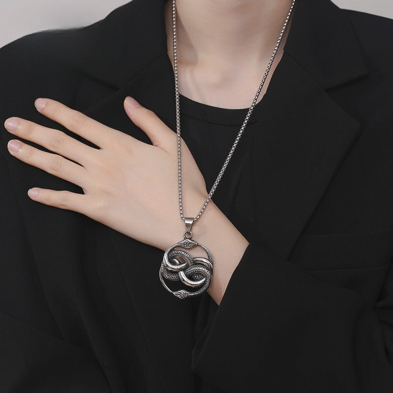 Steel Necklace - Vintage Double Snake Pendant For Men