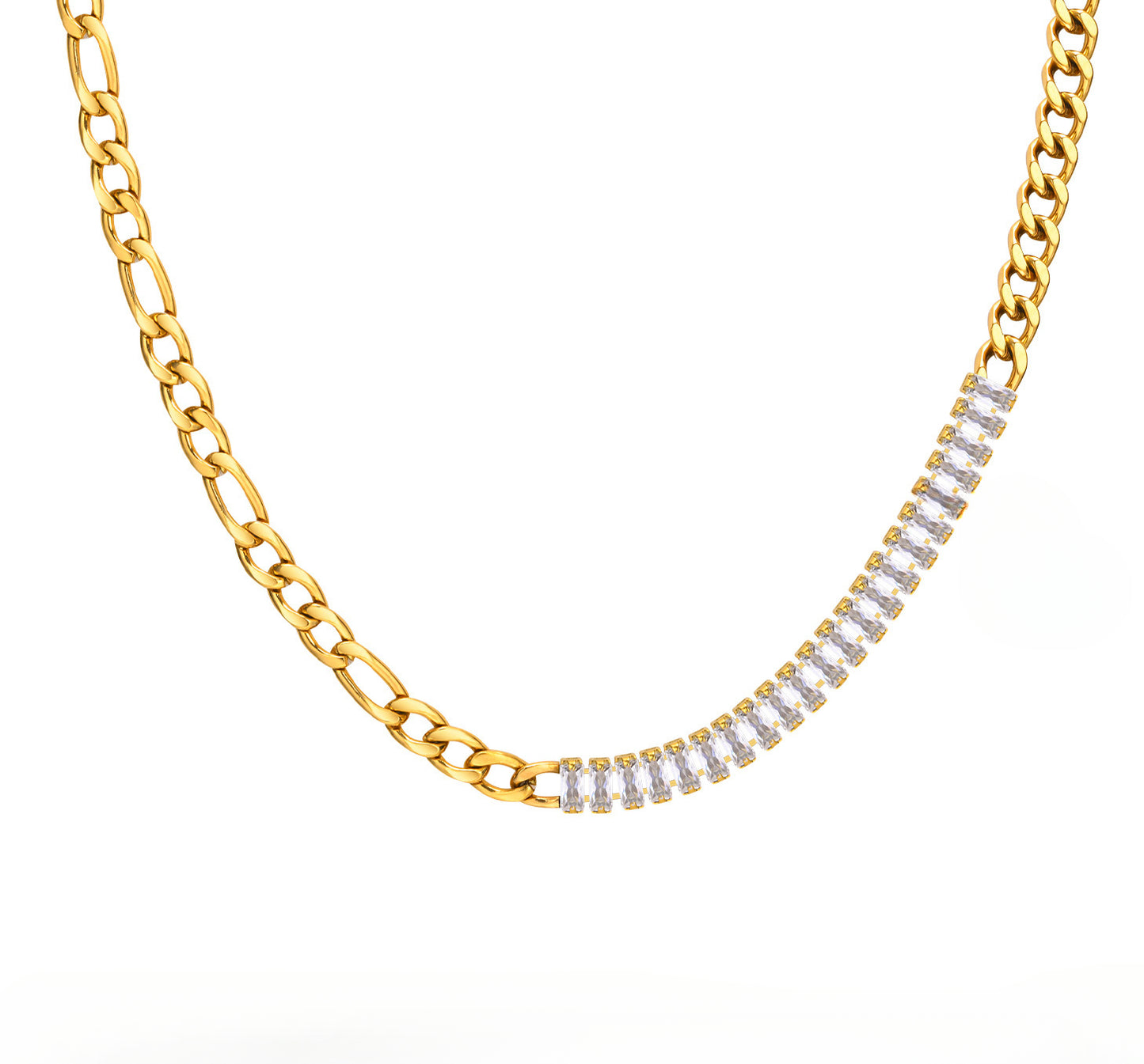 Stainless Steel Rectangle White Zircon Cuban Chain Necklace Gold