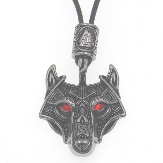 Foreign Trade Viking Wolf Titanium Red-Eye Pendant Necklace with Celtic Knot Triangle Beads