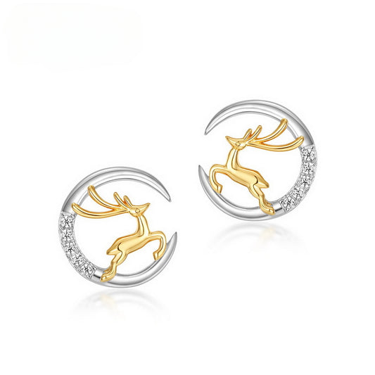 Zircon Moon Golden Elk Sterling Silver Stud Earrings