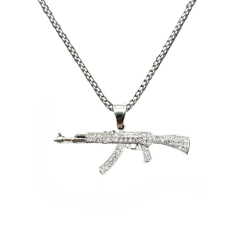 Planderful Hip Hop Jewelry AK47 Pendant Necklace Gold Plated Titanium Steel Rhinestones For Urban Fashion Fans