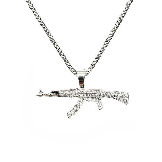Planderful Hip Hop Jewelry AK47 Pendant Necklace Gold Plated Titanium Steel Rhinestones For Urban Fashion Fans