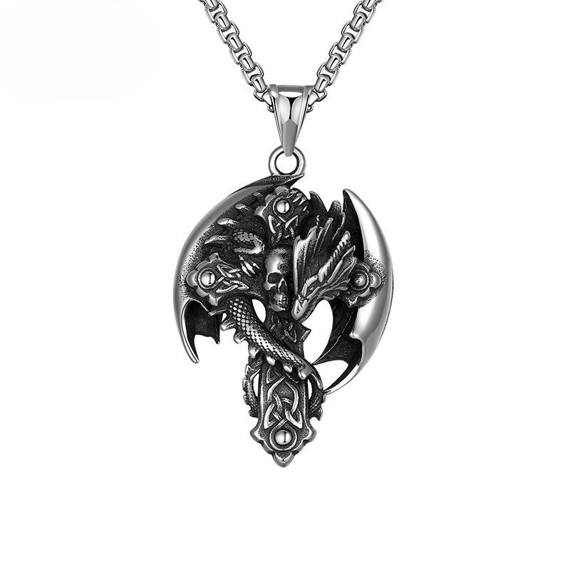 Steel Necklace - Vintage Cross Skull Dragon Pendant
