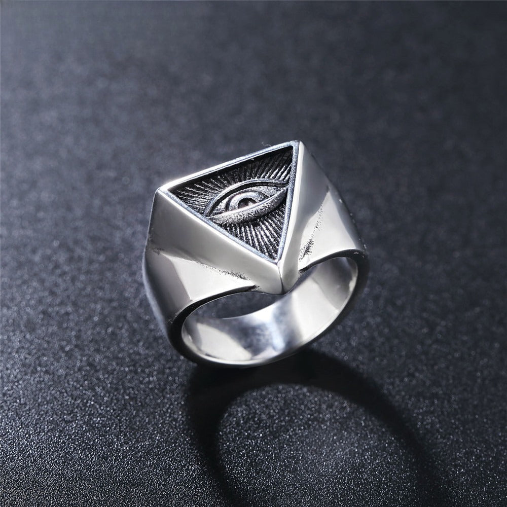 Masonic Triangular Eye Ring Unisex Steel Planderful Everyday Genie Collection Bold Vintage Statement