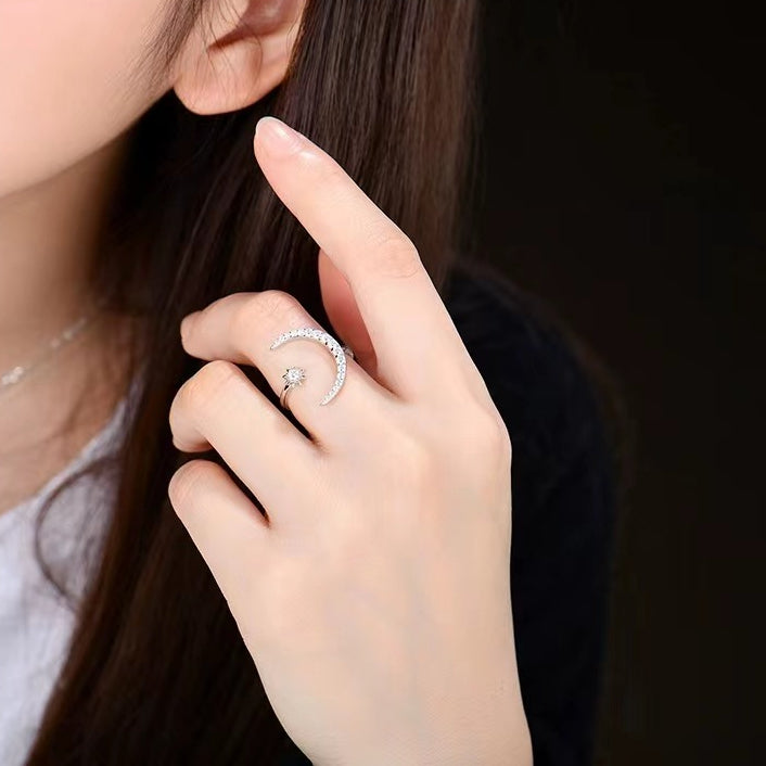 Crescent Moon Star Zircon Opening Sterling Silver Ring