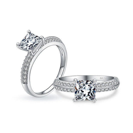 S925 Square Sterling Silver Ring with Sparkle Zircon Female Proposal Engagement Jewelry