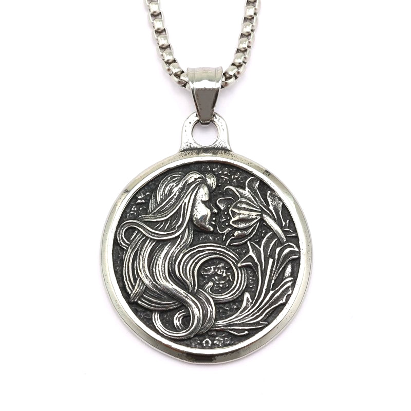 Stainless Steel Pendant Necklace For Men And Women Vintage Double Sided Medal With Flower Design Planderful