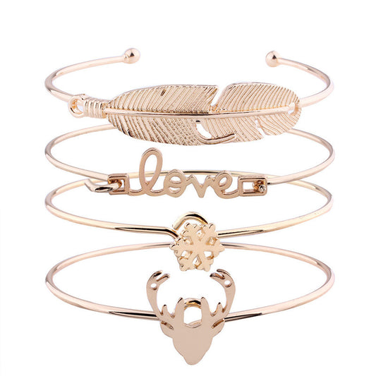 Snowflake Deer Charm Bracelet Set with Metal Combination Opening Bracelet