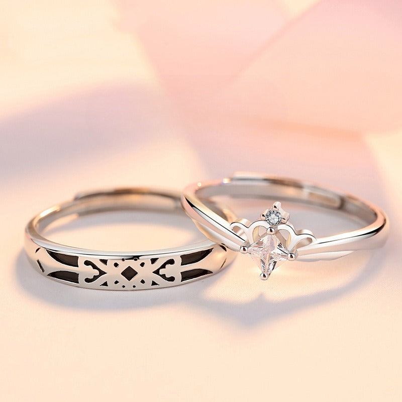 Planderful 925 Sterling Silver Couple Ring Elegant Princess Knight Design Adjustable For Women Gift