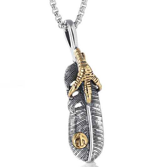 Men's Retro Titanium Steel Feather Pendant Necklace - Wholesale European and American Stainless Steel Claw Gold Jewelry by Planderful