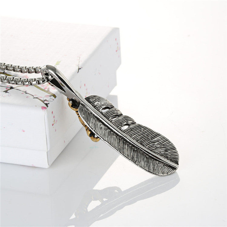 Men's Retro Titanium Steel Feather Pendant Necklace - Wholesale European and American Stainless Steel Claw Gold Jewelry by Planderful