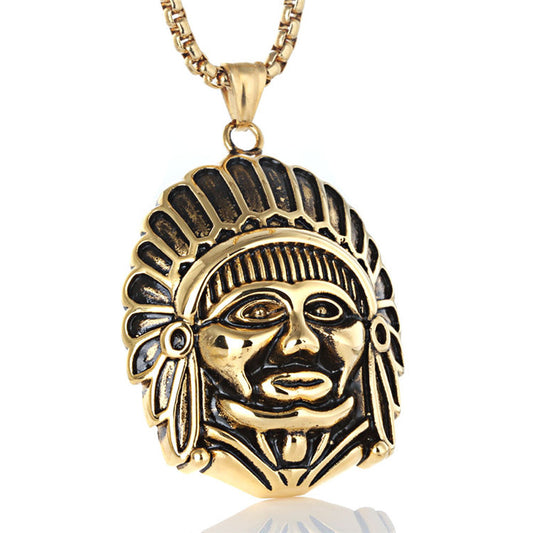 Stylish Titanium Steel Indian Head Pendant for Men - European and American Fashion Design