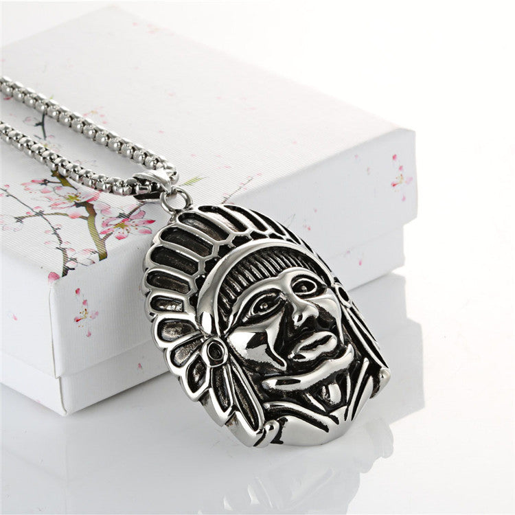 Stylish Titanium Steel Indian Head Pendant for Men - European and American Fashion Design