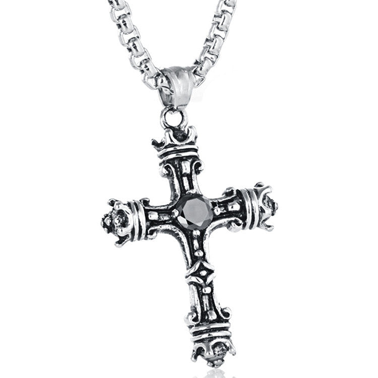 Titanium Steel Black Stone Cross Pendant - Retro Men's Accessory by Planderful