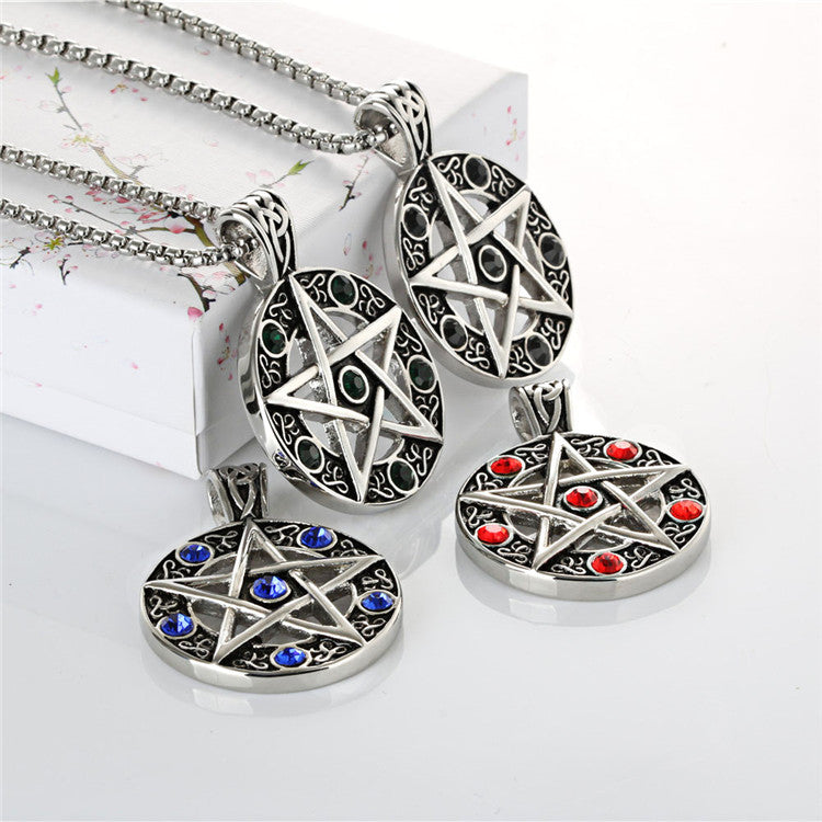 Titanium Steel Pentagram Pendant - Stylish Personalized Zircon Jewelry for Men by Planderful