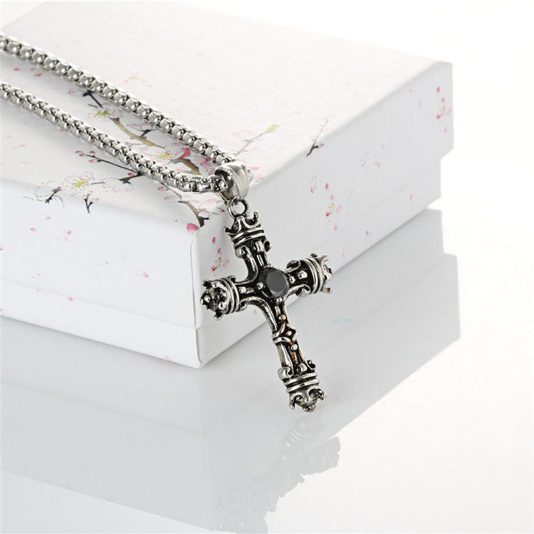 Titanium Steel Black Stone Cross Pendant - Retro Men's Accessory by Planderful