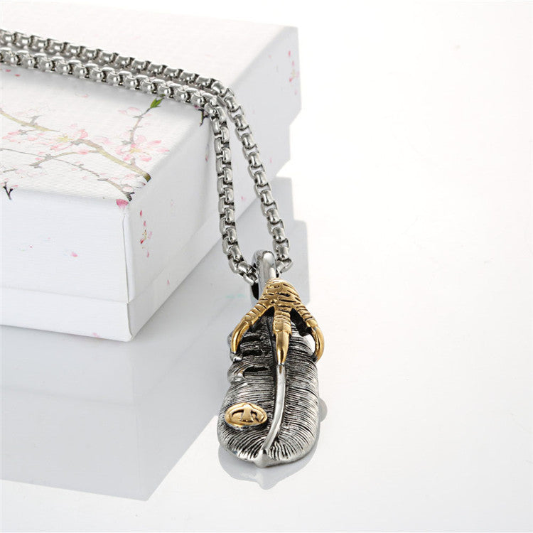 Men's Retro Titanium Steel Feather Pendant Necklace - Wholesale European and American Stainless Steel Claw Gold Jewelry by Planderful