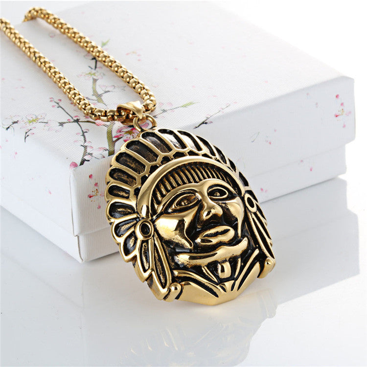 Stylish Titanium Steel Indian Head Pendant for Men - European and American Fashion Design