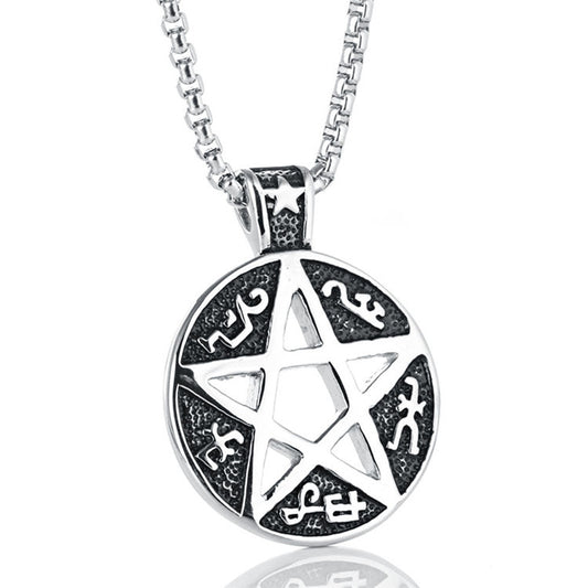 Men's Hollow Titanium Steel Pentagram Pendant - Mysterious Rune Symbol by Planderful