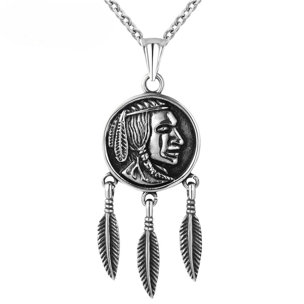 Portrait Feather Titanium Steel Pendant Necklace
