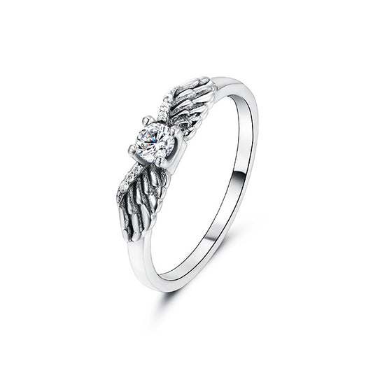Retro Sterling Silver Angel Wing Ring with Zircon Gems