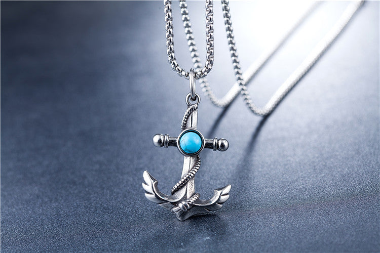 Planderful Turquoise Anchor Necklace Titanium Steel Pendant For Men Unisex Protection Charm