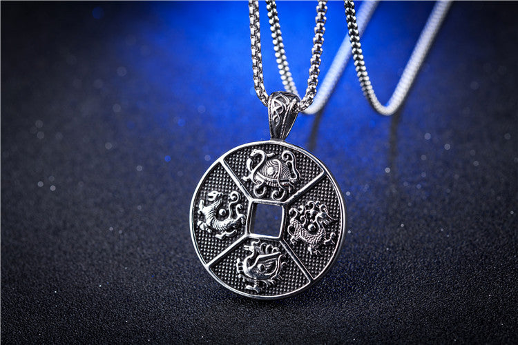 Planderful Stainless Steel Necklace Mens Unisex Retro Four Great Beasts Pendant Protection Statement