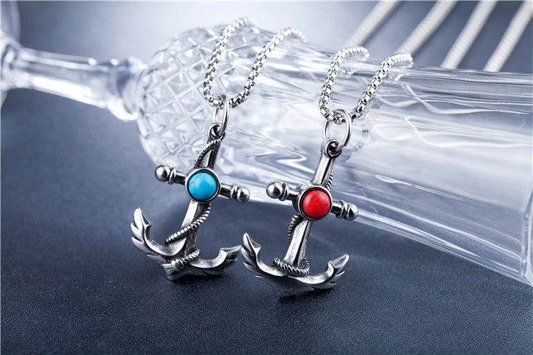 Planderful Turquoise Anchor Necklace Titanium Steel Pendant For Men Unisex Protection Charm