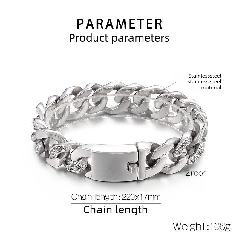 Korea Dongdaemun Glossy – Generous Titanium Steel Men's Zircon Cuban Chain Bracelet