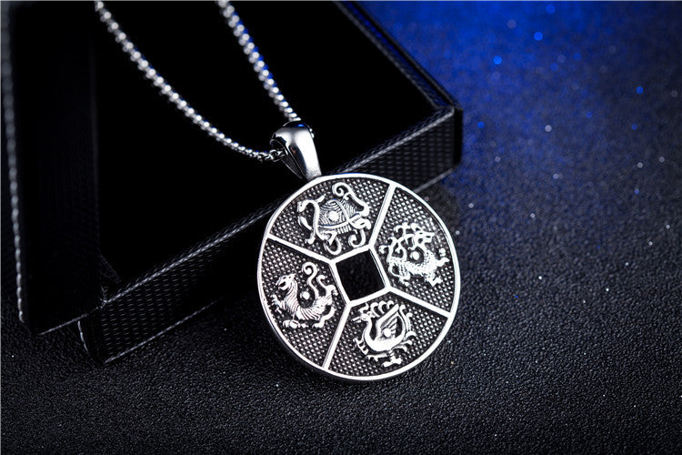 Planderful Stainless Steel Necklace Mens Unisex Retro Four Great Beasts Pendant Protection Statement