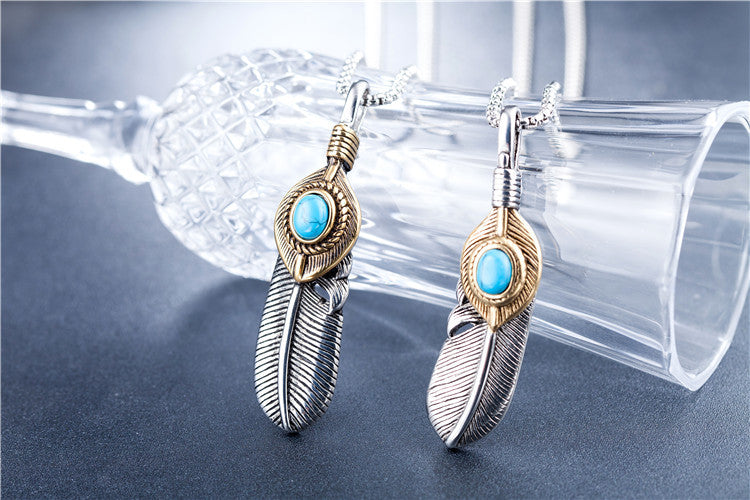 Planderful Feather Pendant Necklace Turquoise Feather Protection Unisex Titanium Steel Jewelry
