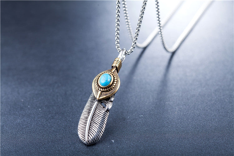 Planderful Feather Pendant Necklace Turquoise Feather Protection Unisex Titanium Steel Jewelry