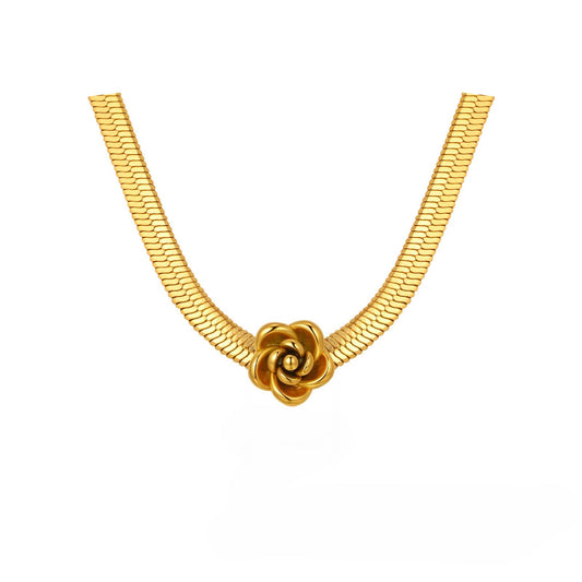 Stainless Steel Ladies Flower Snake Chain Rose Blade Chain Necklace Gold