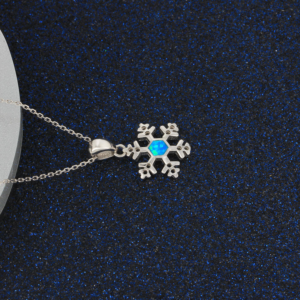 Christmas Snowflake Blue Opal Sterling Silver Necklace