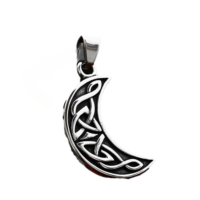 Titanium Steel Minimalist Moon Pendant Necklace for Men, Nordic Retro Viking Celtic Knot Design