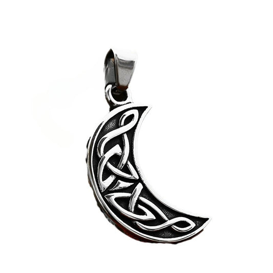 Titanium Steel Minimalist Moon Pendant Necklace for Men, Nordic Retro Viking Celtic Knot Design