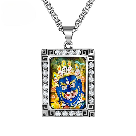 Zircon Necklace - Vintage Nepal Thangka Pendant For Men Featuring Inlaid Black Steel