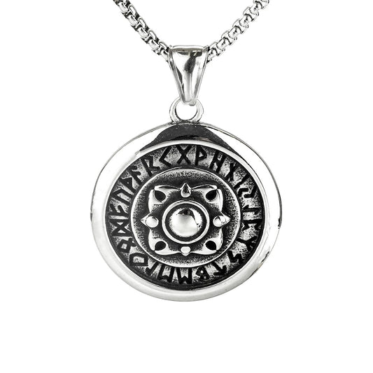 Planderful Viking Rune Pendant Necklace For Men Stainless Steel Black Polished Retro Shield Design Norse Legacy