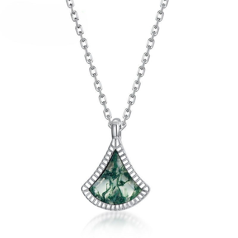 S925 Sterling Silver Moss Agate Ginkgo Leaf Pendant Necklace