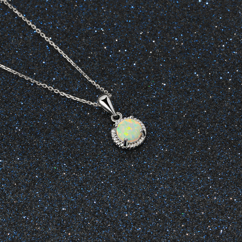 Round Opal Woven Edge Sterling Silver Necklace