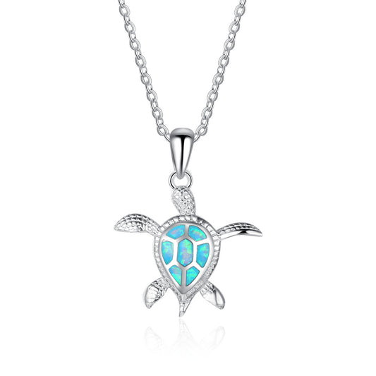 Cute Little Turtle Blue Opal Sterling Silver Necklace