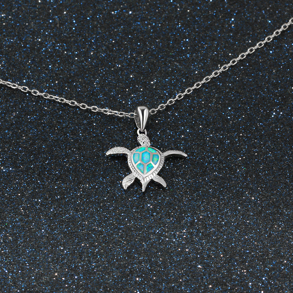 Cute Little Turtle Blue Opal Sterling Silver Necklace
