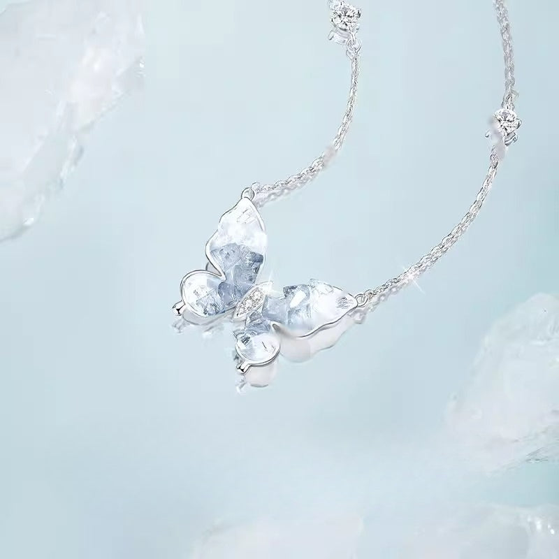 Planderful Sterling Silver Ice Butterfly Necklace For Women Zircon Pendant Collarbone Chain Gift For Girlfriend