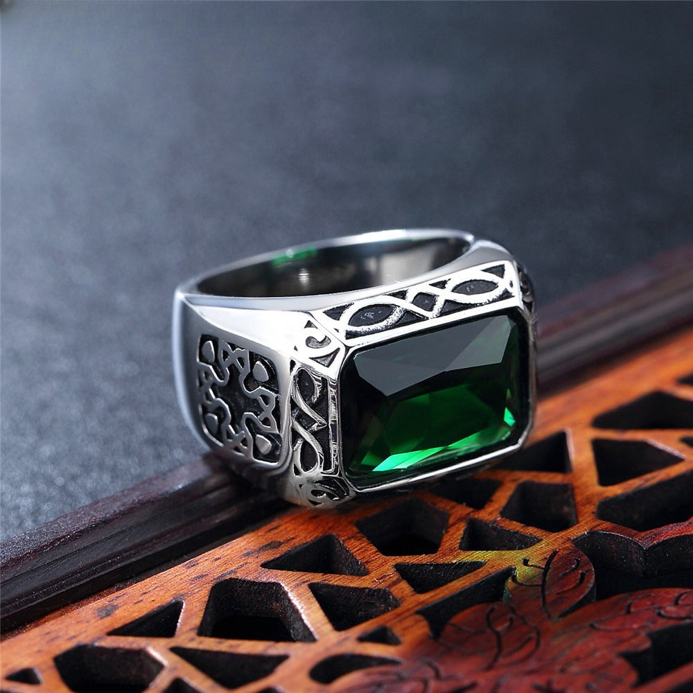 Planderful Titanium Steel Punk Ring With Green Zircon For Unisex Retro European American Style