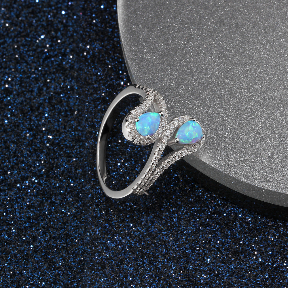 Double Pear Shape Blue Opal Zircon Sterling Silver Ring