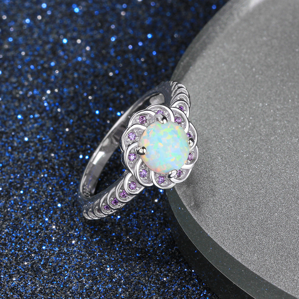 Round Opal Flower Halo Zircon Sterling Silver Ring
