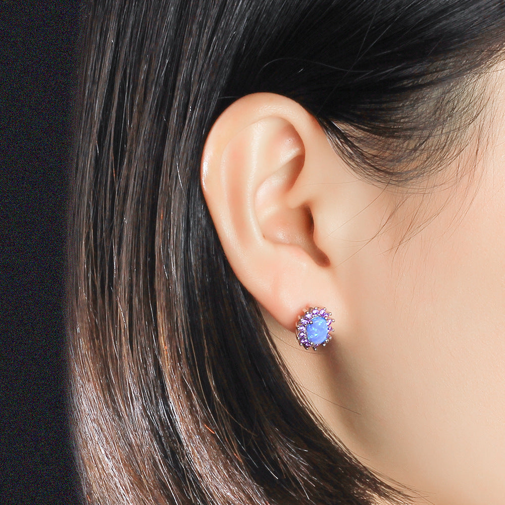 Oval Blue Opal Purple Zircon Halo Sterling Silver Stud Earrings