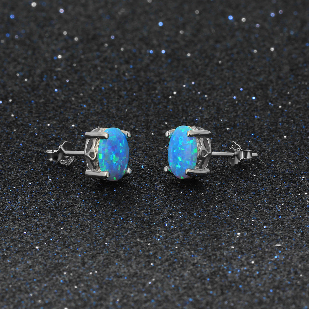 Four Prongs 8mm Blue Oval Opal Sterling Silver Stud Earrings