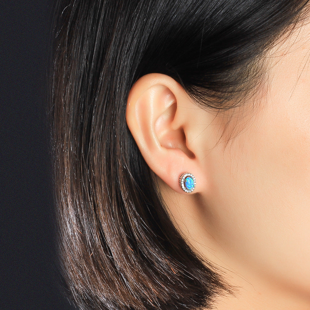 Blue Oval Opal Zircon Soleste Halo Sterling Silver Stud Earrings